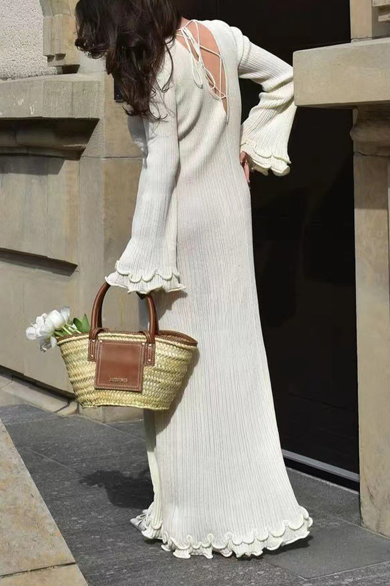 Vestidos sexis de manga larga con cuello redondo, espalda descubierta y pliegues sólidos