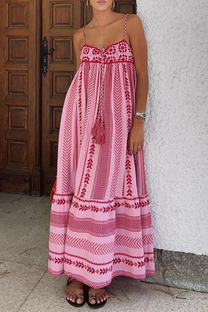 Vestidos sexis de vacaciones con estampado geométrico, patchwork de flores y gancho, cuello en V y tirantes