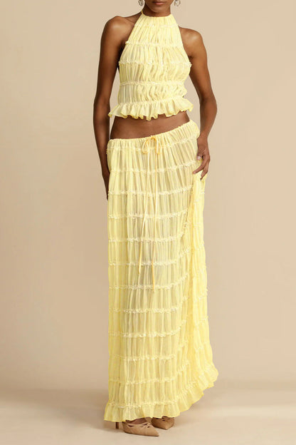 Traje de baño sexy de vacaciones sólido con frenillo transparente, sin espalda, halter, sin mangas, dos piezas