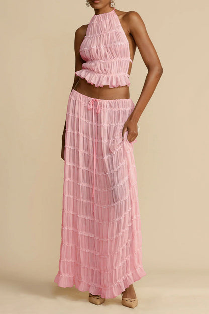 Traje de baño sexy de vacaciones sólido con frenillo transparente, sin espalda, halter, sin mangas, dos piezas