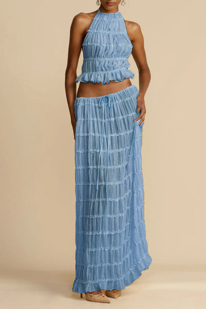 Traje de baño sexy de vacaciones sólido con frenillo transparente, sin espalda, halter, sin mangas, dos piezas