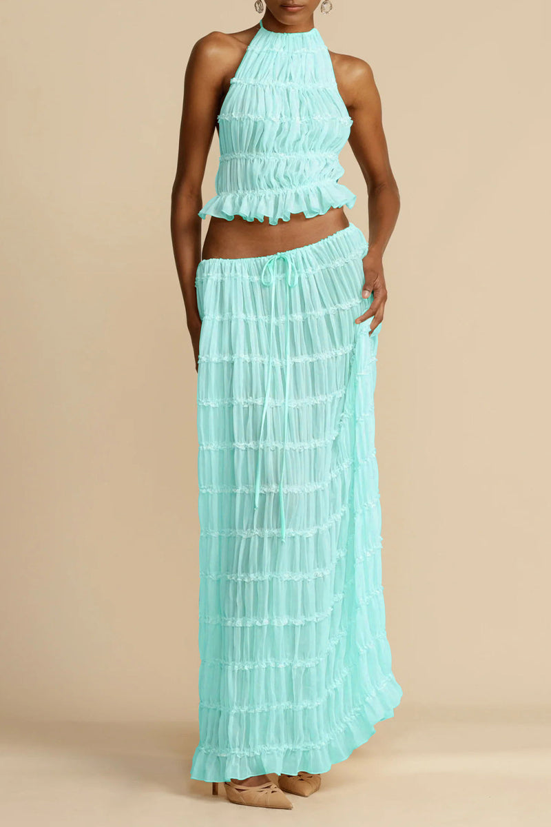 Traje de baño sexy de vacaciones sólido con frenillo transparente, sin espalda, halter, sin mangas, dos piezas