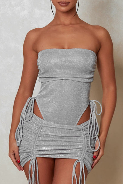 Traje de baño sexy de dos piezas con lentejuelas, sin tirantes y sin mangas, color sólido y cordón