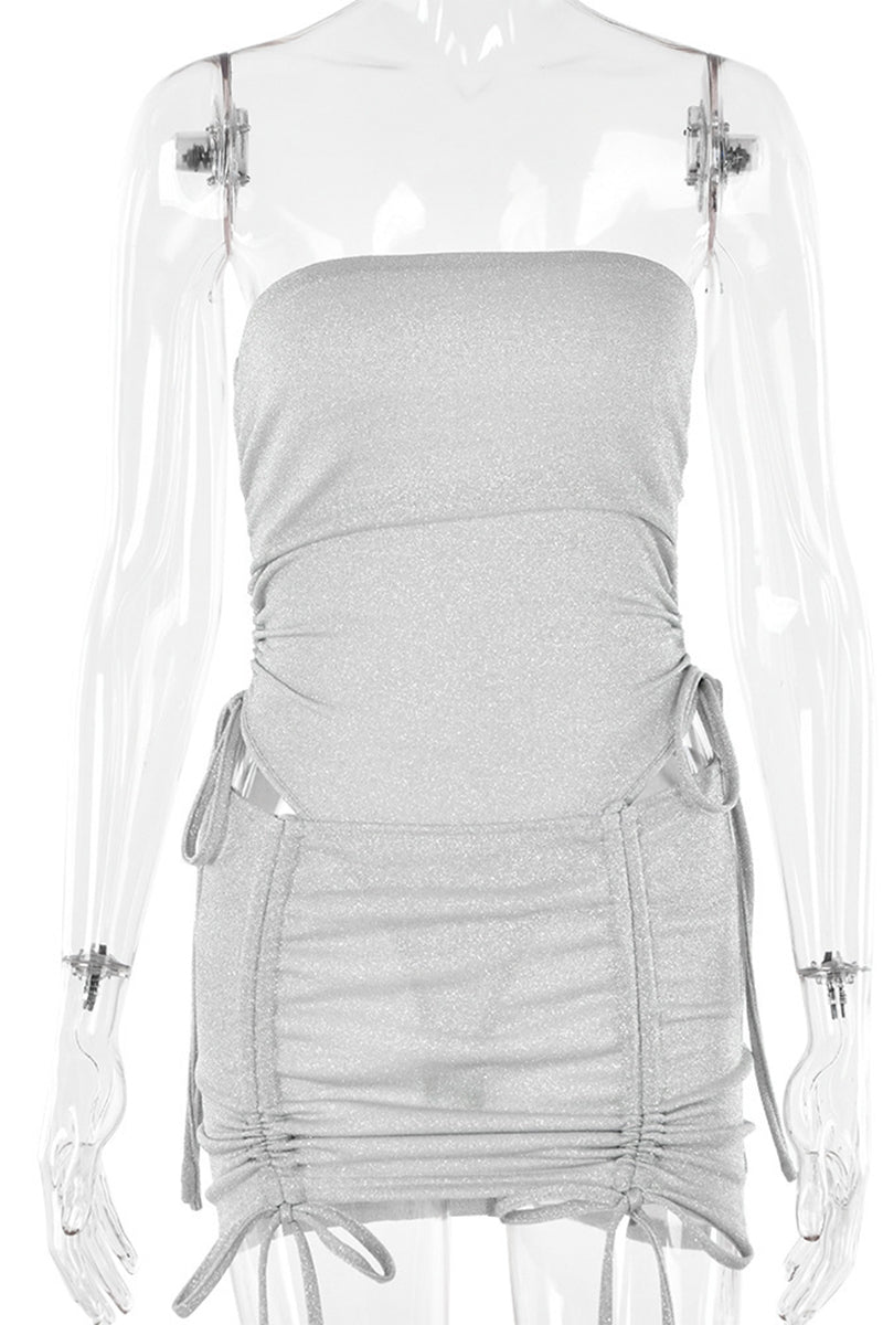 Traje de baño sexy de dos piezas con lentejuelas, sin tirantes y sin mangas, color sólido y cordón