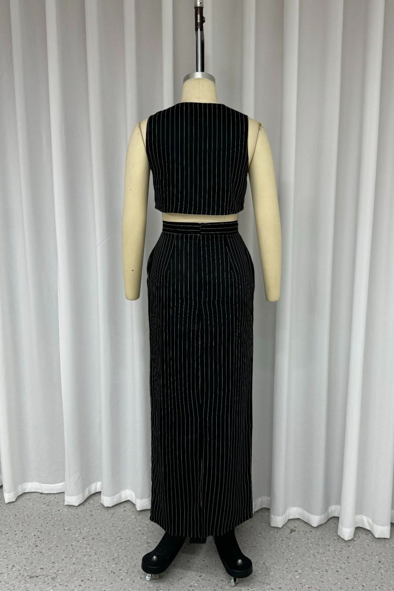 Conjunto informal de dos piezas con cuello en V, sin mangas, con bolsillos y retazos a rayas