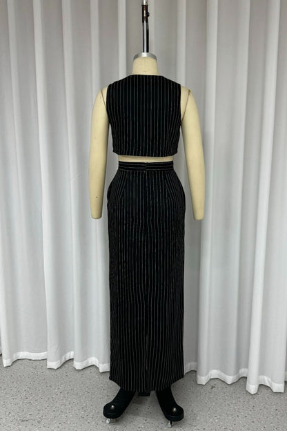 Conjunto informal de dos piezas con cuello en V, sin mangas, con bolsillos y retazos a rayas