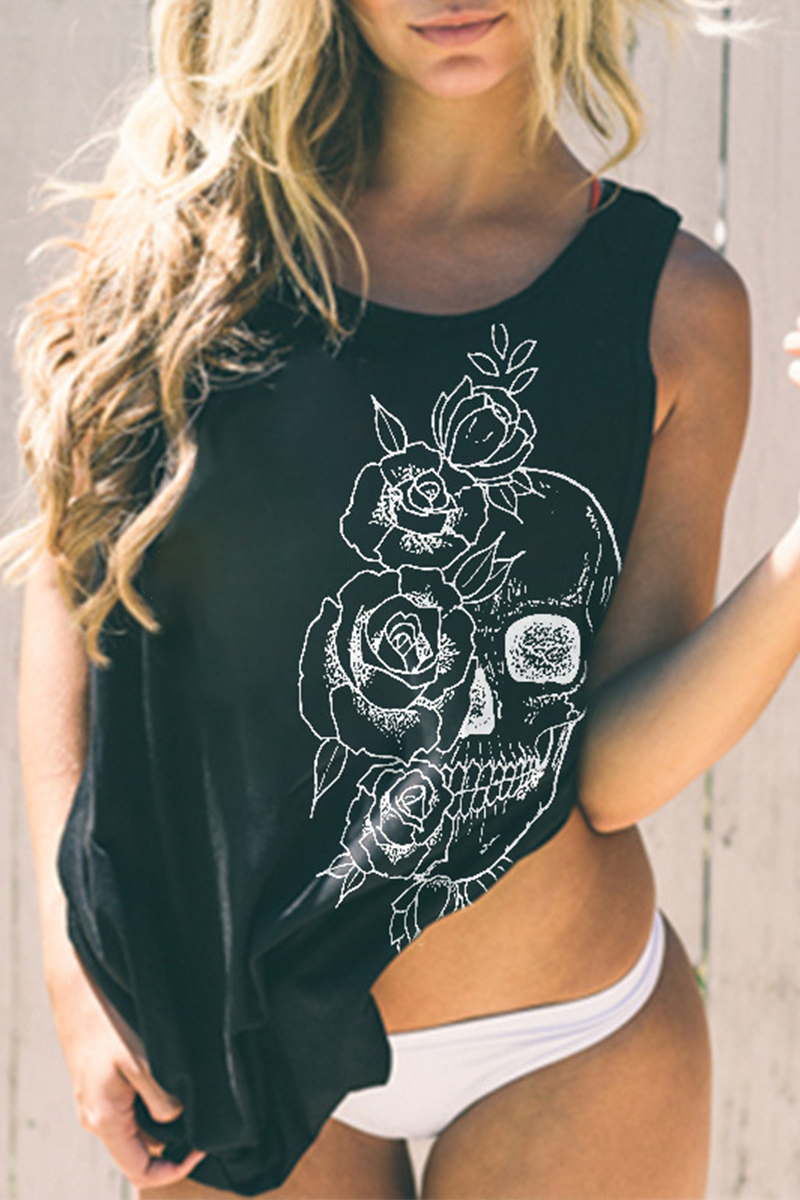 CAMISETA DE MUJER CLÁSICA CON ESTAMPADO DE ROSAS Y CALAVERAS