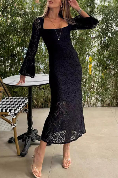 Vestidos sexis de encaje sólido con abertura y cuello redondo, falda de un solo paso