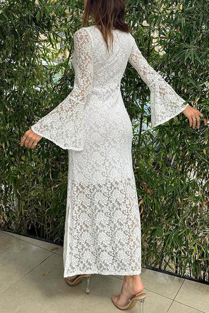 Vestidos sexis de encaje sólido con abertura y cuello redondo, falda de un solo paso