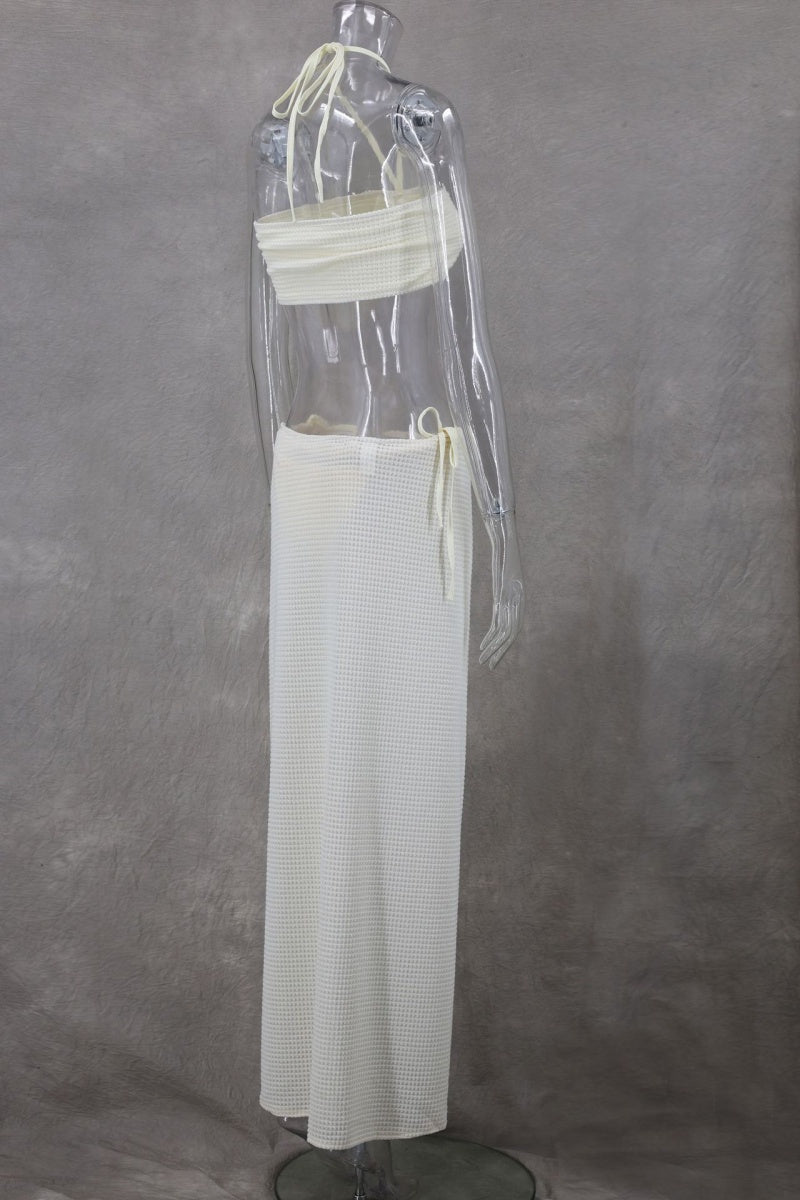 Conjunto de tres piezas sexy de vendaje sólido, sin espalda, con abertura y cuello halter, sin mangas