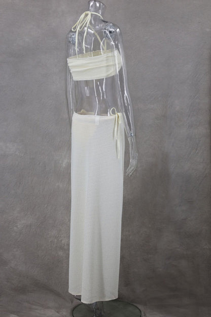 Conjunto de tres piezas sexy de vendaje sólido, sin espalda, con abertura y cuello halter, sin mangas