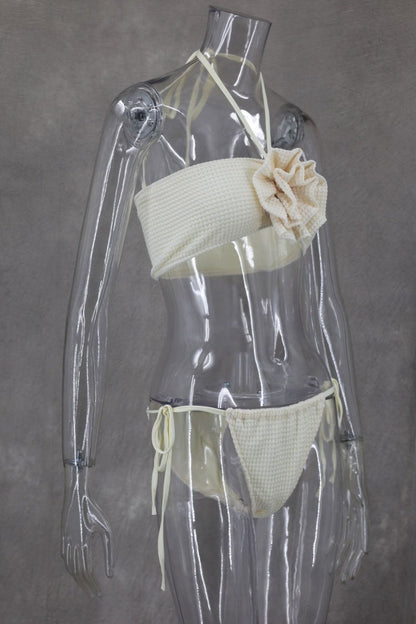 Conjunto de tres piezas sexy de vendaje sólido, sin espalda, con abertura y cuello halter, sin mangas