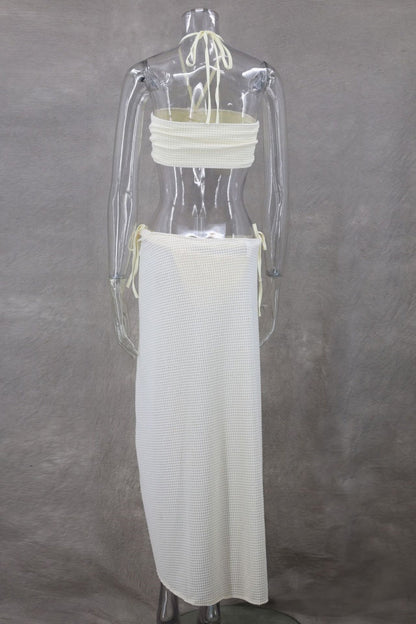 Conjunto de tres piezas sexy de vendaje sólido, sin espalda, con abertura y cuello halter, sin mangas