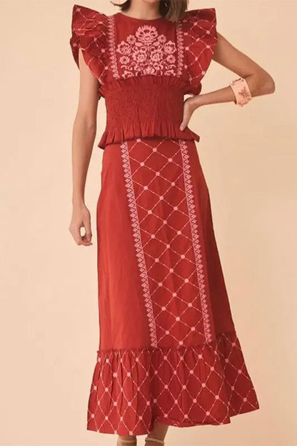 Elegante conjunto de dos piezas con cuello redondo y volantes con estampado geométrico (3 colores)