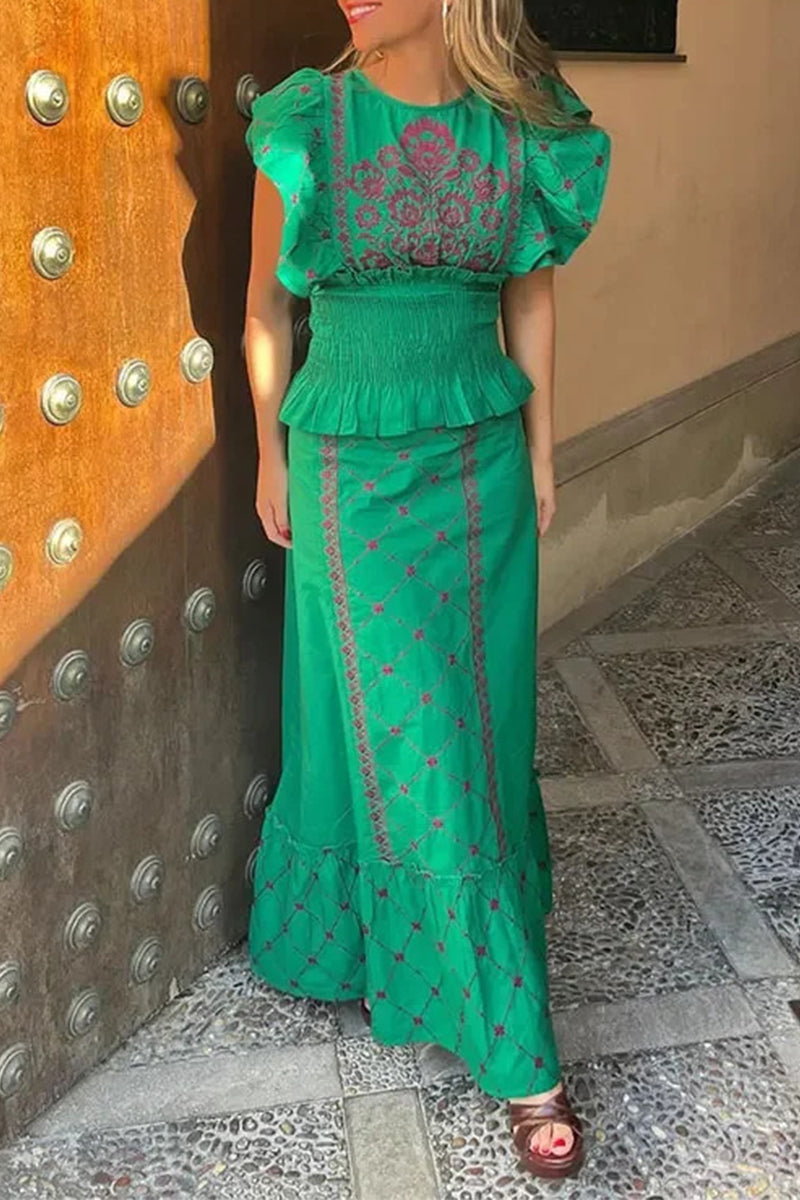 Elegante conjunto de dos piezas con cuello redondo y volantes con estampado geométrico (3 colores)