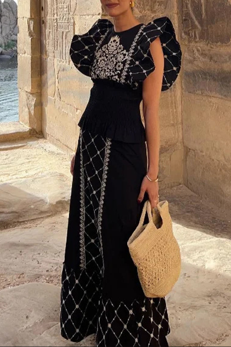 Elegante conjunto de dos piezas con cuello redondo y volantes con estampado geométrico (3 colores)