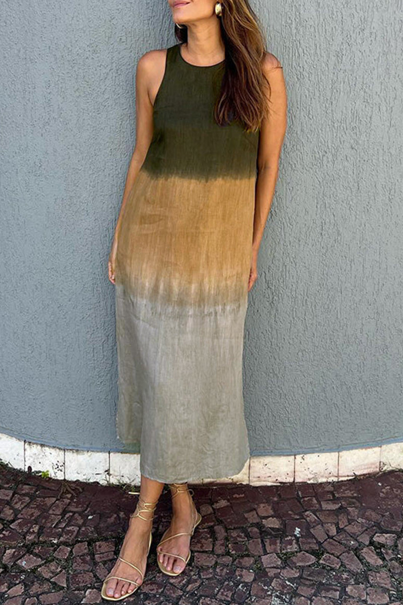 Vestidos casuales sin mangas con cuello redondo, estampado degradado y contraste (8 colores)