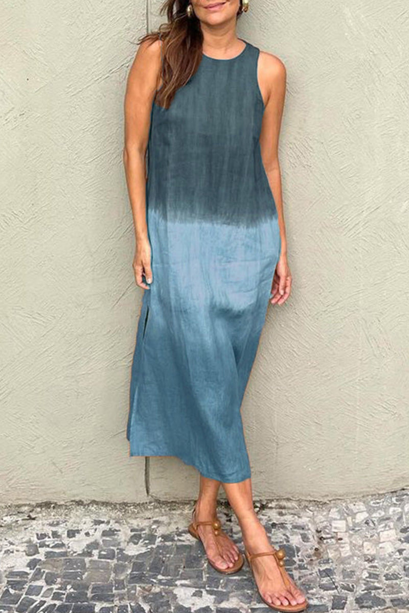 Vestidos casuales sin mangas con cuello redondo, estampado degradado y contraste (8 colores)