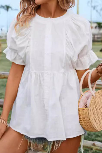 Blusas casuales sencillas de cuello redondo liso