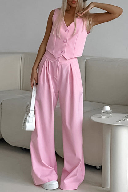 Conjunto informal de dos piezas con cuello en V, sin mangas, bolsillos, botones y bolsillos lisos para la calle