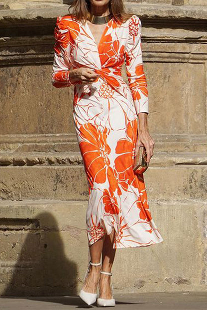 Vestidos casuales con falda de un solo paso y cuello en V con flores