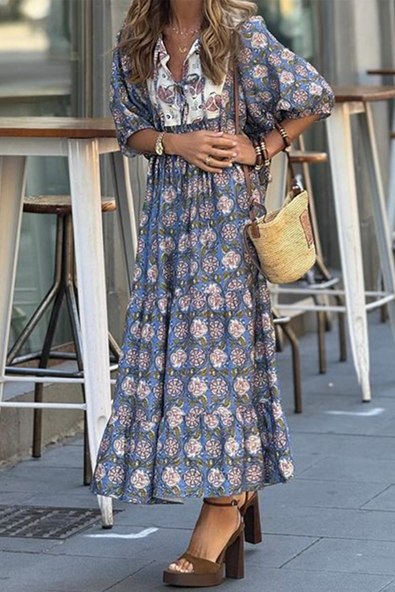 Vestidos de corte A con cuello vuelto, estampado bohemio, flores y patchwork, patrón tridimensional