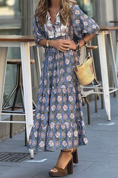 Vestidos de corte A con cuello vuelto, estampado bohemio, flores y patchwork, patrón tridimensional