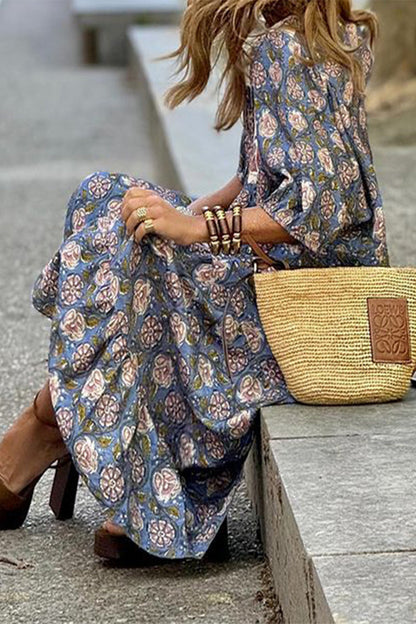 Vestidos de corte A con cuello vuelto, estampado bohemio, flores y patchwork, patrón tridimensional