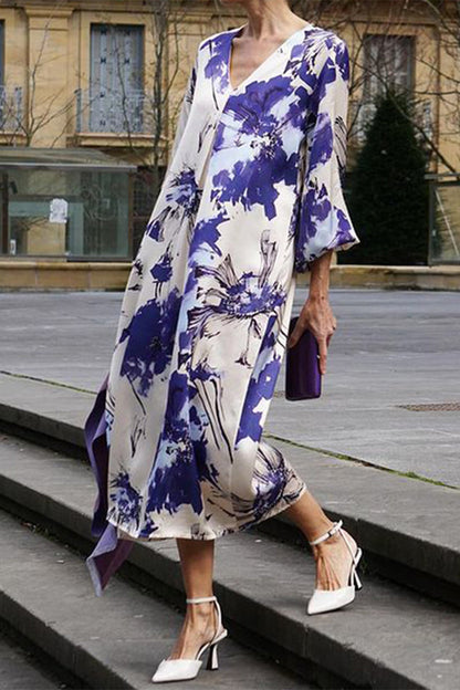 Vestidos casuales de corte A con cuello en V fruncido y estampado de flores