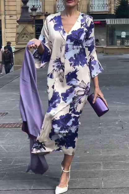 Vestidos casuales de corte A con cuello en V fruncido y estampado de flores