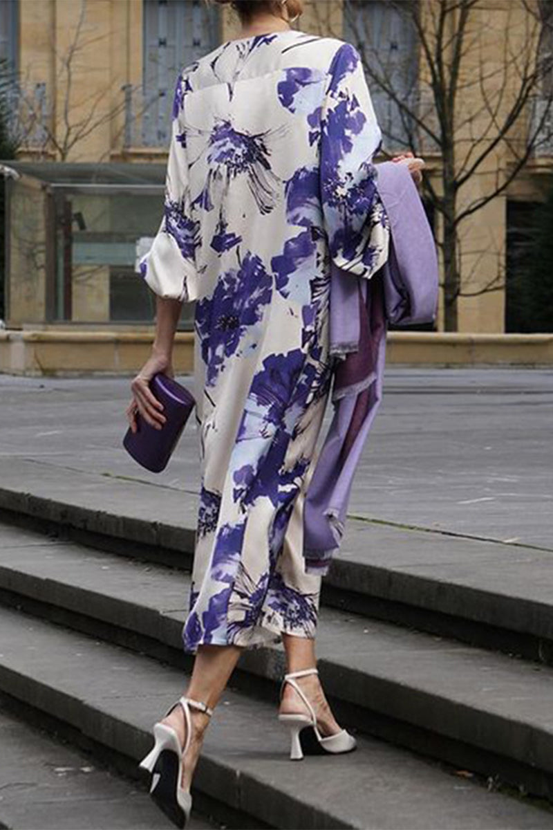 Vestidos casuales de corte A con cuello en V fruncido y estampado de flores