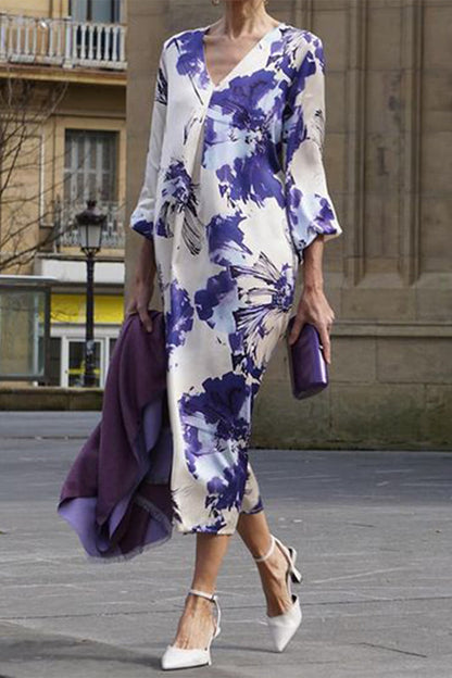 Vestidos casuales de corte A con cuello en V fruncido y estampado de flores