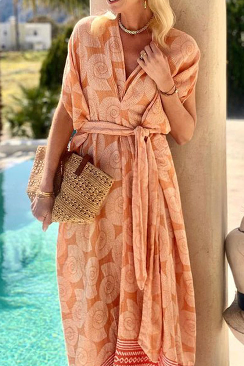 Vestido playero informal de manga corta con escote en V y estampado floral para vacaciones