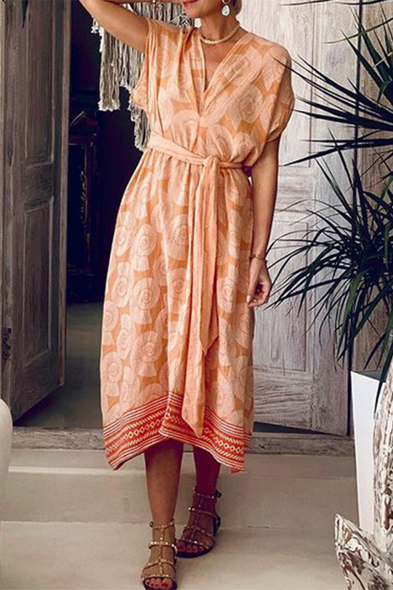 Vestido playero informal de manga corta con escote en V y estampado floral para vacaciones