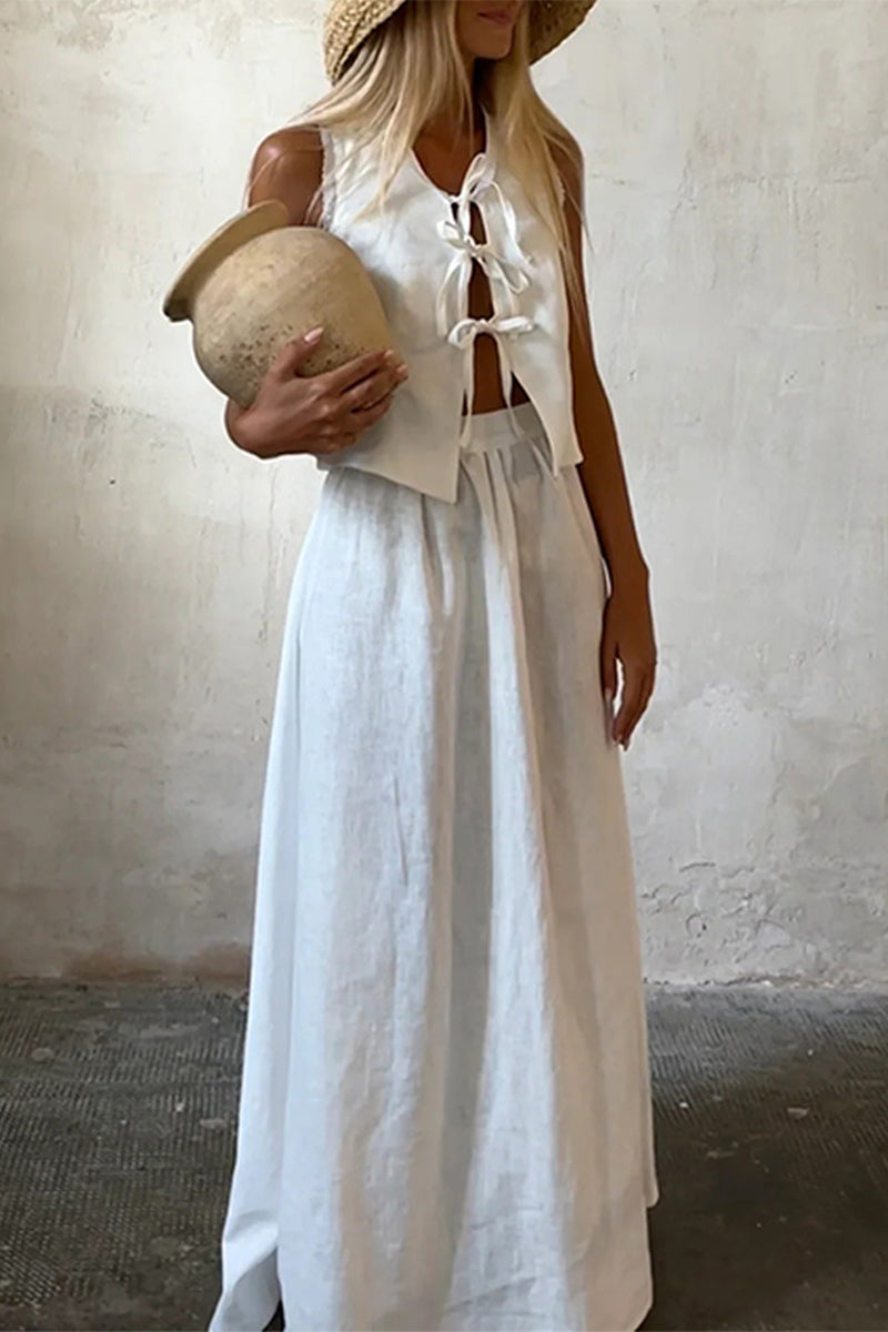 Conjunto informal de dos piezas, sin mangas, cuello redondo, color sólido, con cordones y diario