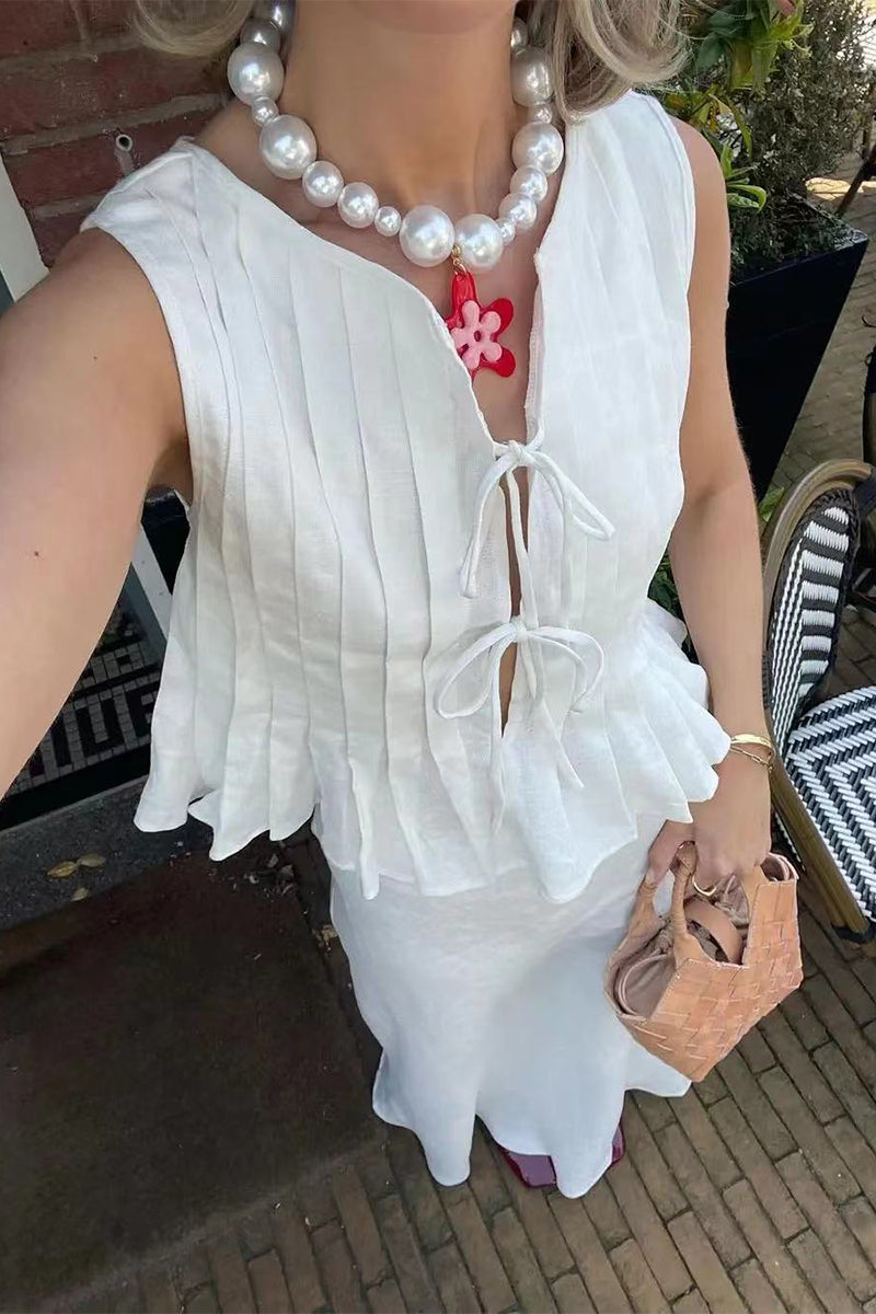 Conjunto informal de dos piezas con cuello redondo, sin mangas, color sólido, con cordones y fruncido