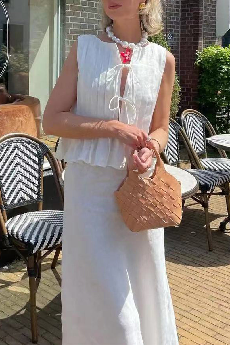 Conjunto informal de dos piezas con cuello redondo, sin mangas, color sólido, con cordones y fruncido