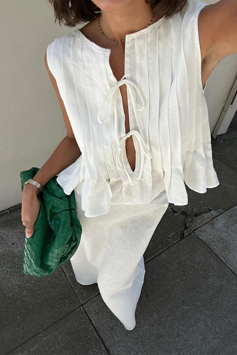 Conjunto informal de dos piezas con cuello redondo fruncido, sin mangas y cordones para uso diario