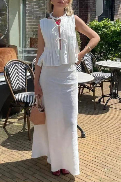 Conjunto informal de dos piezas con cuello redondo, sin mangas, color sólido, con cordones y fruncido