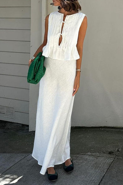 Conjunto informal de dos piezas con cuello redondo, sin mangas, color sólido, con cordones y fruncido