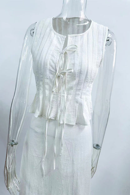 Conjunto informal de dos piezas con cuello redondo, sin mangas, color sólido, con cordones y fruncido