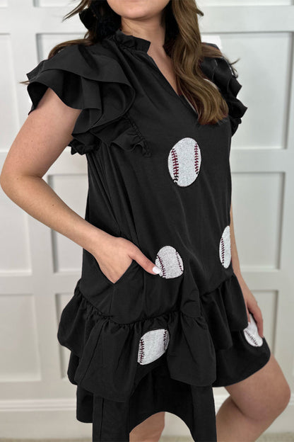 Vestidos casuales con estampado geométrico, bordados, lentejuelas, bolsillos, volantes, cuello en V, irregulares