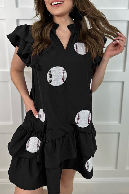 Vestidos casuales con estampado geométrico, bordados, lentejuelas, bolsillos, volantes, cuello en V, irregulares