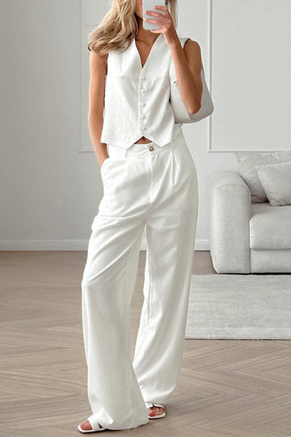 Conjunto informal de dos piezas con cuello en V, sin mangas, color sólido, bolsillos, botones y bolsillos