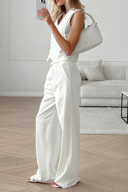 Conjunto informal de dos piezas con cuello en V, sin mangas, color sólido, bolsillos, botones y bolsillos