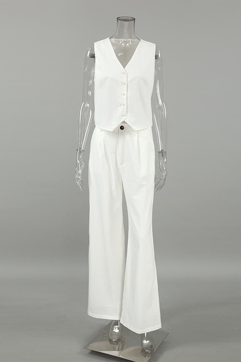 Conjunto informal de dos piezas con cuello en V, sin mangas, color sólido, bolsillos, botones y bolsillos