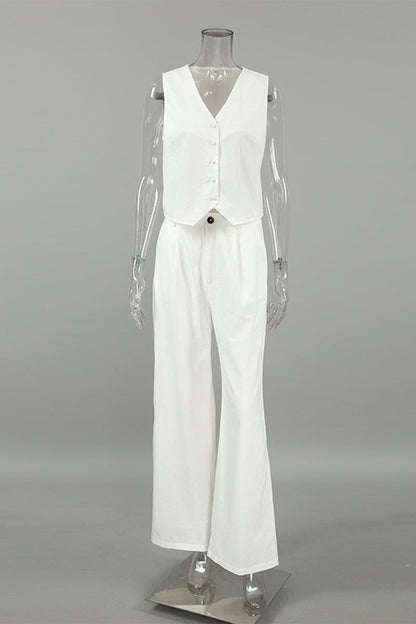 Conjunto informal de dos piezas con cuello en V, sin mangas, color sólido, bolsillos, botones y bolsillos