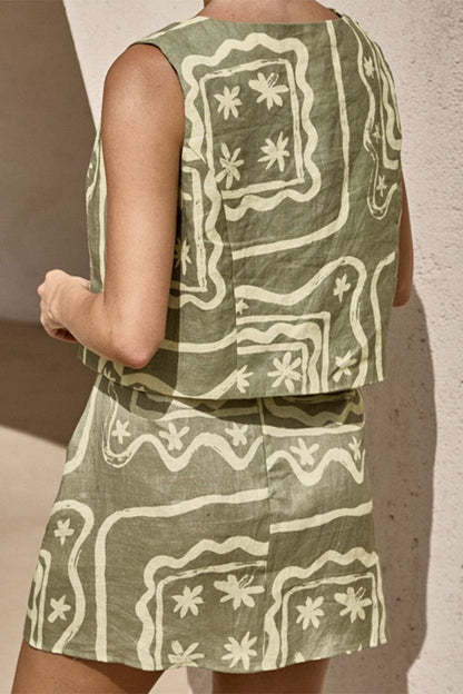 Conjunto casual de dos piezas sin mangas con cuello en U y botones con estampado geométrico