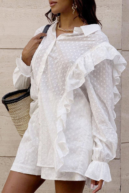 Conjunto informal de dos piezas con cuello vuelto, manga larga y bolsillos de color liso de jacquard para uso diario