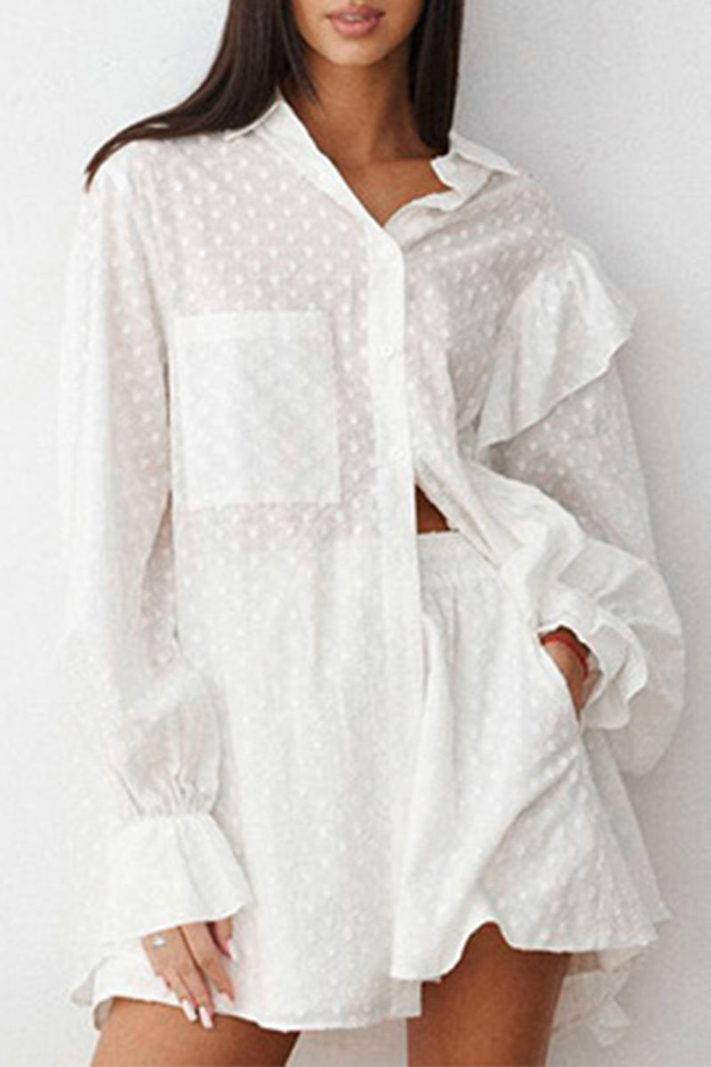 Conjunto informal de dos piezas con cuello vuelto, manga larga y bolsillos de color liso de jacquard para uso diario